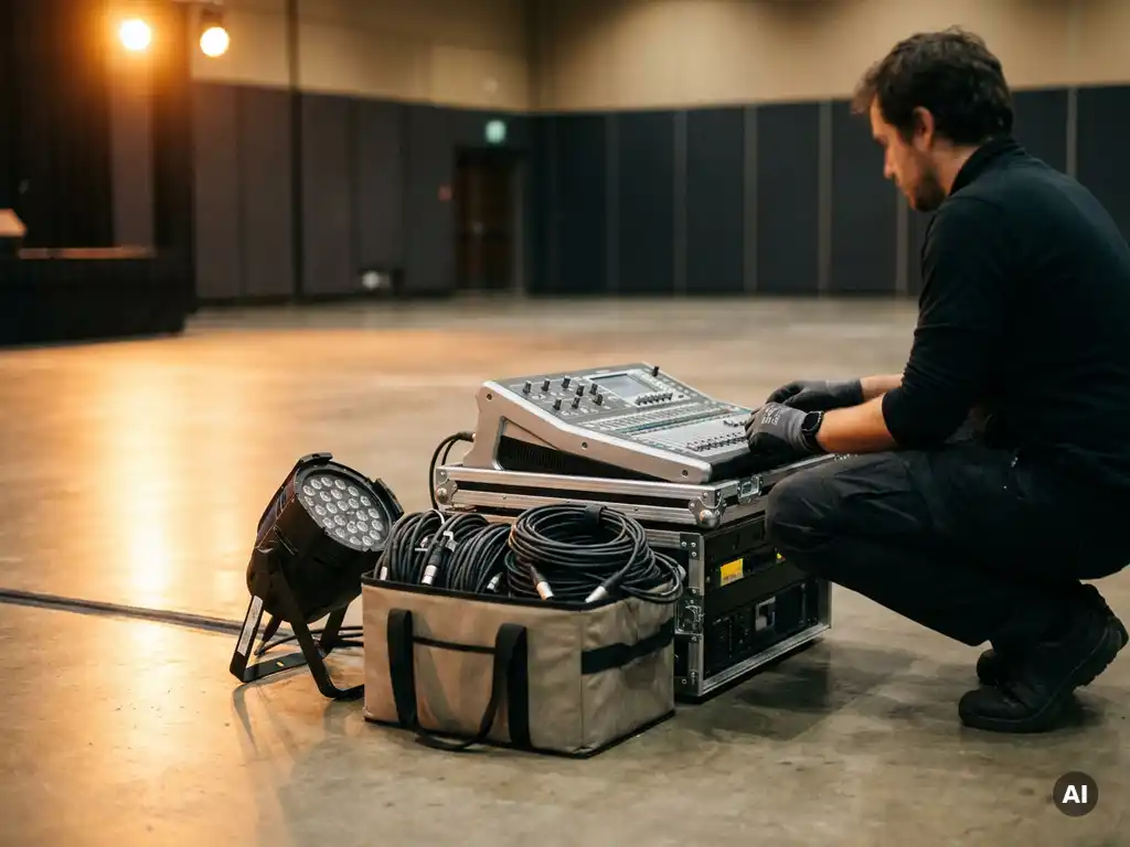 Veranstaltungstechniker hockt neben Mischpult, XLR-Kabeln und Scheinwerfer in leerem Konferenzsaal mit warmem Bühnenlicht.